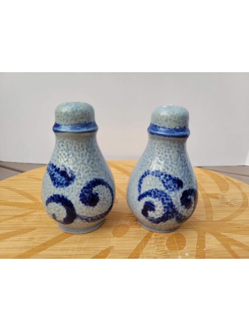 Blue Ceramic Salt Pepper Shakers Set Of 2 Small Brush Swirl Traditional Kitchen